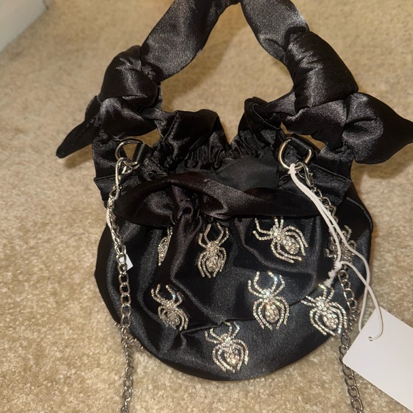 Black Satin Mini Bag with Silver Spider Embellishments - Picture 1 of 4